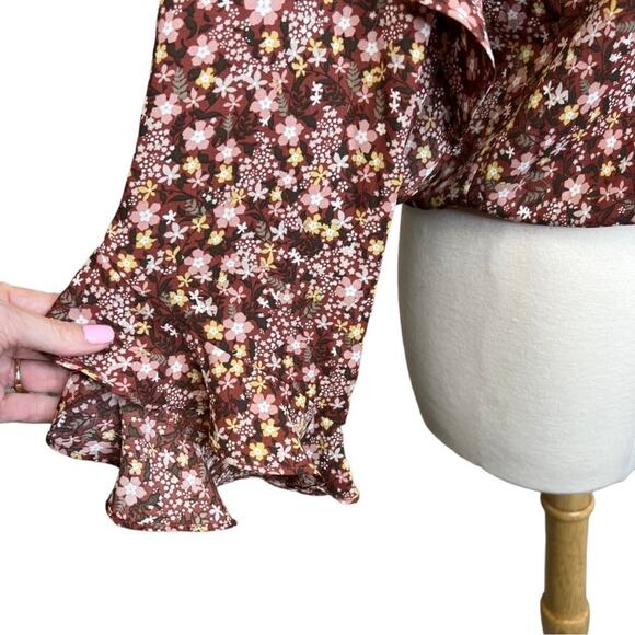 NWT Max Studio Brick Red Faux-Wrap Ditsy Floral Ruffle Long Sleeve Blouse Top M - Picture 7 of 12